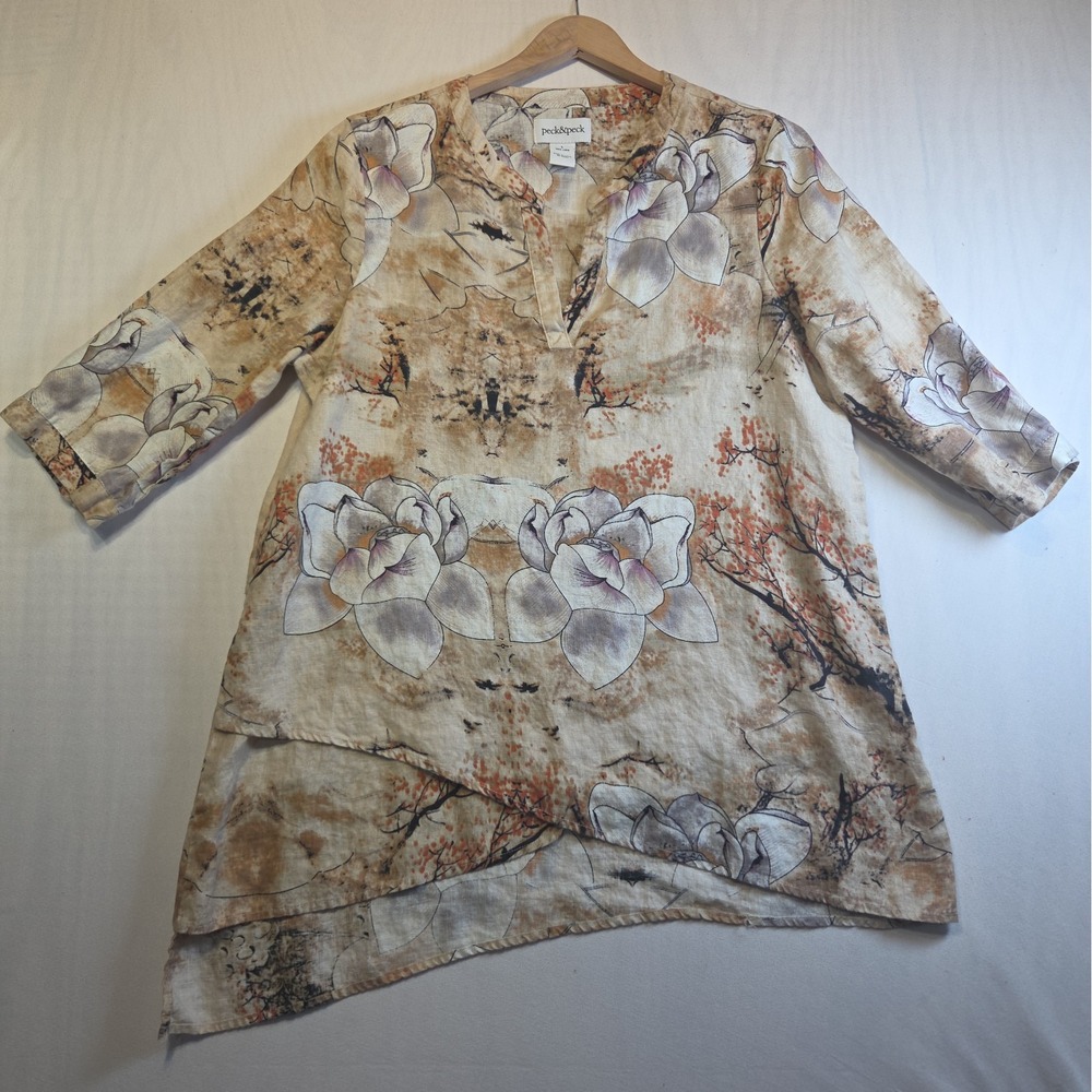 Peck & Peck Women's 100% Linen Largr L Floral Tunic Blouse Asymmetrical
